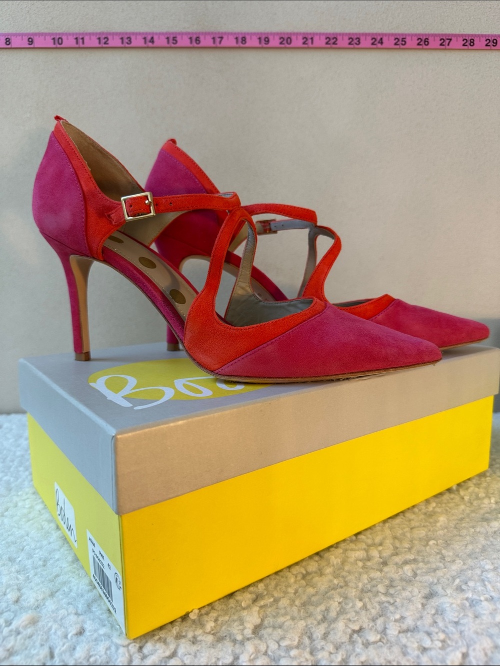 Boden Two-Tone Pink and Red-Orange Pointed Suede Strappy Heels